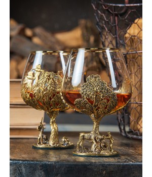 Набор из 2-х бокалов для коньяка, 310 мл, "Тигр с елкой" и "Лев малый", деревянная шкатулка, ложемент коричневый шелк
