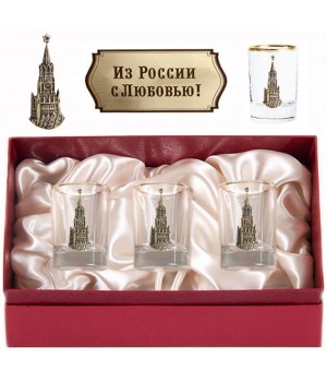 Набор из трех стопок с золотой отводкой(Кремль, латунь) в картонном футляре с накладкой Из России с любовью!