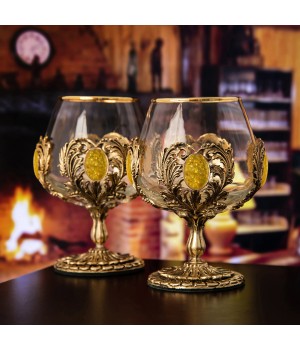 Набор из двух бокалов для коньяка с искусственным камнем (Янтарь желтый) деревянная шкатулка