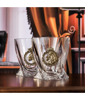 Набор бокалов для виски Квадро ( 2 шт.) с накладкой "Лев и Львица Роял"в деревянном футляре