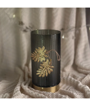 Ваза стеклянная графит с металлическим основанием с декором монстерра Ваза стеклянная графит с металлическим основанием с декором монстерра