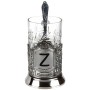 Подстаканник никелированный с гравировкой Z, хрустальный стакан, чайная ложка, картонная коробка