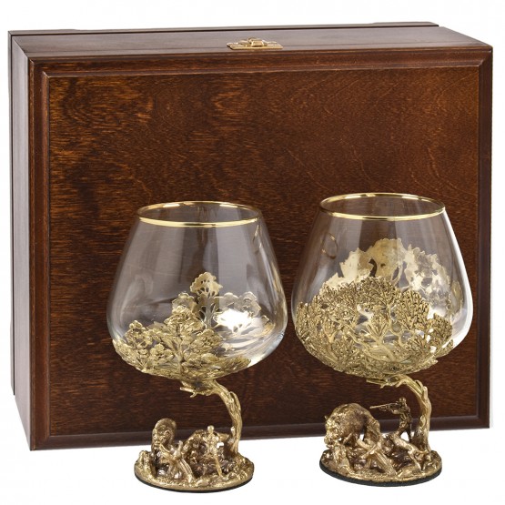 Набор 2 бокала для коньяка "Охота на Кабана" и "Охота на Медведя", в шкатулке из массива
