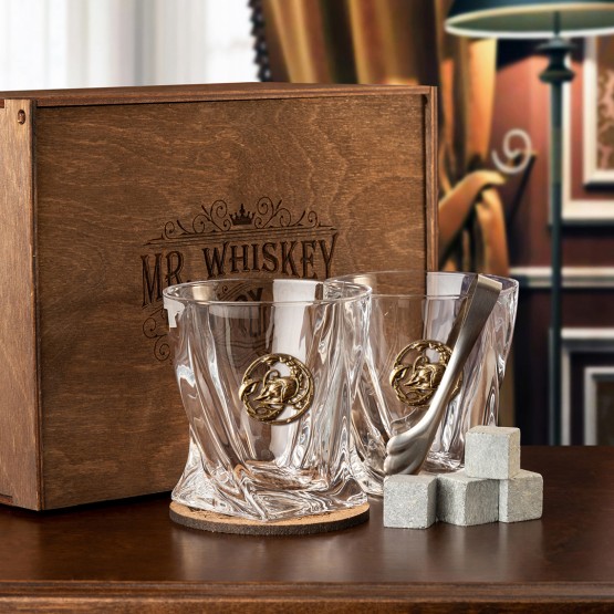 Набор из 2х бокалов для виски Квадро с накладкой "Рак", упаковка Mr Whiskey, 8 камней, щипцы, 2 костера