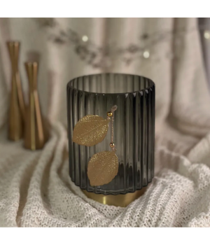 Ваза стеклянная низкая графит с декором листья Ваза стеклянная низкая графит с декором листья