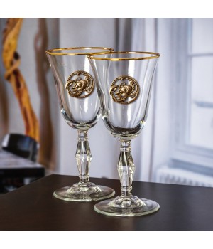 Набор из 2х бокалов для вина/шампанского "Ретро" с накладкой "Рак" в упаковке пейсли, ложемент золотистый шелк, накладка золото пластик с гравировкой