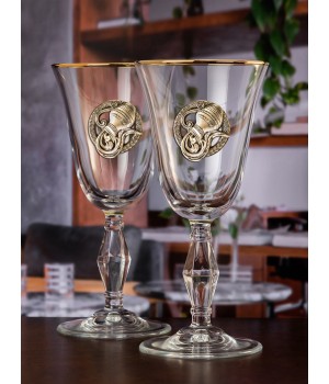 Набор бокалов для вина/шампанского "Ретро" с накладкой "Водолей" в упаковке пейсли, ложемент золотистый шелк, накладка золото пластик с гравировкой