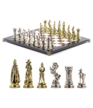 Сувенирные шахматы с металлическими фигурами "Средневековые рыцари" доска 44х44 см из камня мрамор лемезит
