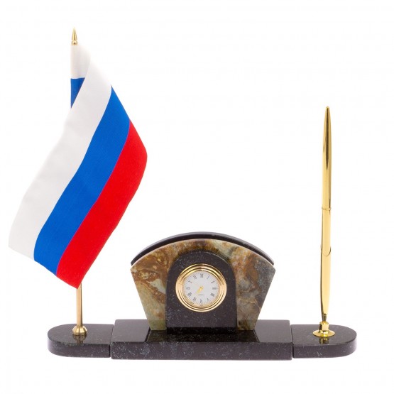 Визитница с часами и флагом России камень офиокальцит 125222