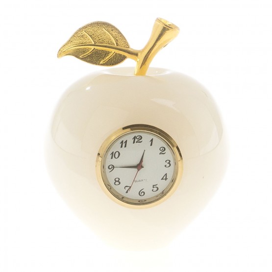 Часы "Яблоко" из белого оникса 7х9 см (3) / настольные часы / часы декоративные / кварцевые часы / интерьерные часы / каменное яблоко