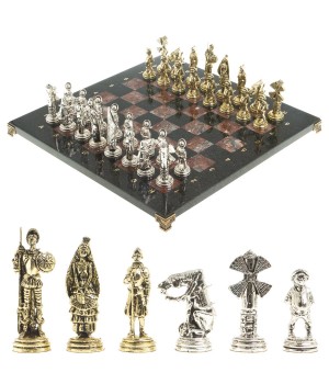 Сувенирные шахматы "Дон Кихот" доска 40х40 см камень креноид змеевик фигуры металлические