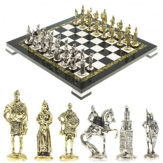Шахматы сувенирные "Русские витязи" доска 40х40 мрамор каменные ножки фигуры металлические