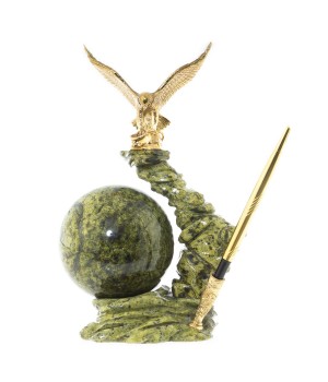 Декоративная подставка под ручку "Орёл с шаром" камень змеевик бронзовое литье