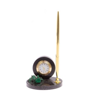 Сувенирные часы с ручкой малахит, долерит / часы декоративные / кварцевые часы / интерьерные часы / подарочные часы