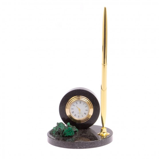 Сувенирные часы с ручкой малахит, долерит / часы декоративные / кварцевые часы / интерьерные часы / подарочные часы
