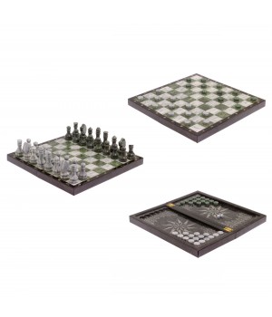 Шахматный набор 3 в 1 серый мрамор, змеевик с гравировкой 126140