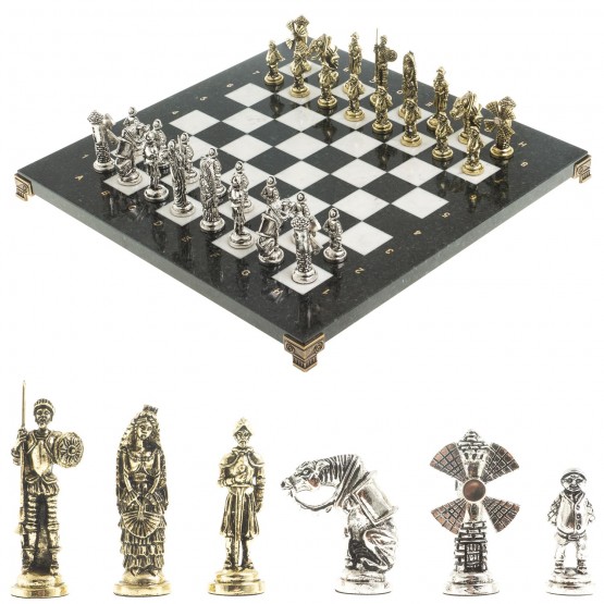 Набор сувенирные шахматы "Дон Кихот" доска 36х36 см камень мрамор змеевик фигуры металлические