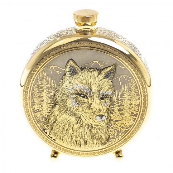 Подарочная фляжка с гравюрой "Волк" в деревянной коробке Златоуст