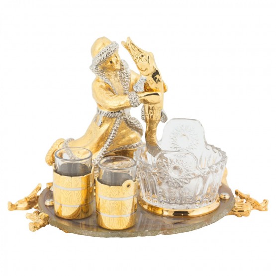 Подарочный набор икорница "Емеля со щукой" с двумя стопками и ложкой камень агат