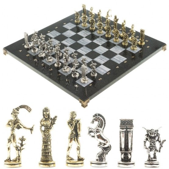 Набор настольный шахматы "Минотавр" доска 36х36 см камень серый мрамор змеевик фигуры металлические
