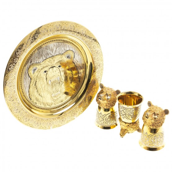 Подарочный набор "Медведь" тарелка с гравюрой и 3 стопки перевертыша 70 мл бронза Златоуст