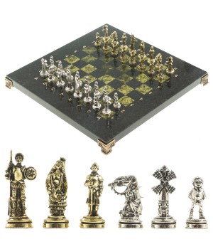 Сувенирные шахматы "Дон Кихот" доска 28х28 см из камня змеевик фигуры металлические