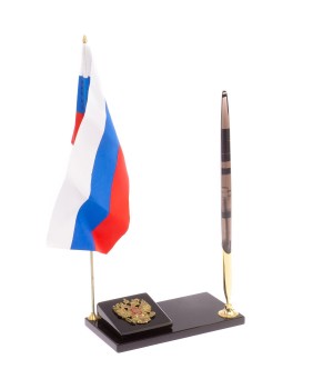 Настольная подставка флаг России с гербом РФ ручкой из черного обсидиана