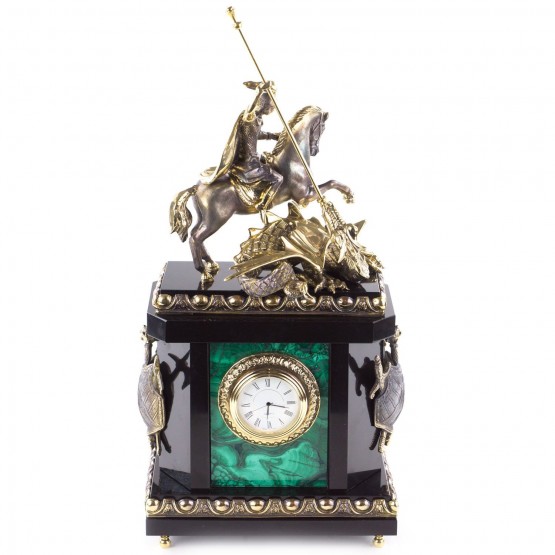 Каминные часы "Георгий Победоносец" из натурального малахита и бронзы