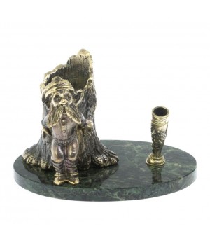 Карандашница "Гном у пня" бронза змеевик 14,5х9,5х10 см 129065