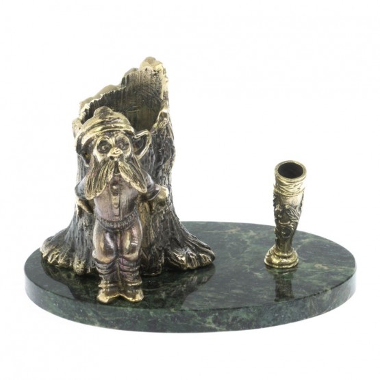 Карандашница "Гном у пня" бронза змеевик 14,5х9,5х10 см 129065