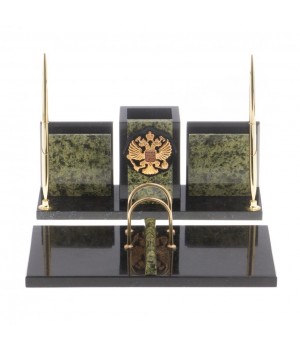 Письменный набор с гербом РФ "Офисный" камень змеевик / Канцелярский набор / Набор письменных принадлежностей / Офисный набор