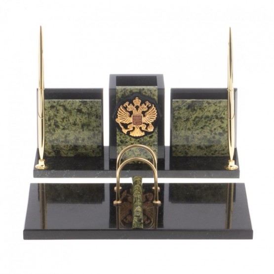 Письменный набор с гербом РФ "Офисный" камень змеевик / Канцелярский набор / Набор письменных принадлежностей / Офисный набор
