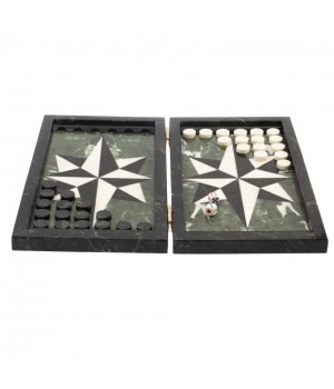 Каменные нарды "Роза ветров" белый мрамор, змеевик / Нарды подарочные / Настольная игра / Нарды из камня