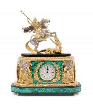 Каминные часы "Георгий Победоносец" камень малахит бронза в подарочной упаковке