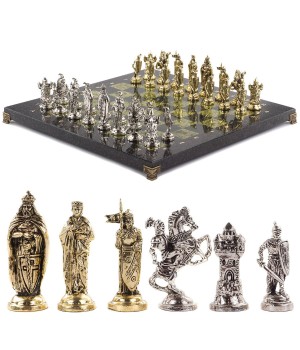 Шахматы подарочные с металлическими фигурами "Рыцари крестоносцы" 44х44 см из камня змеевик