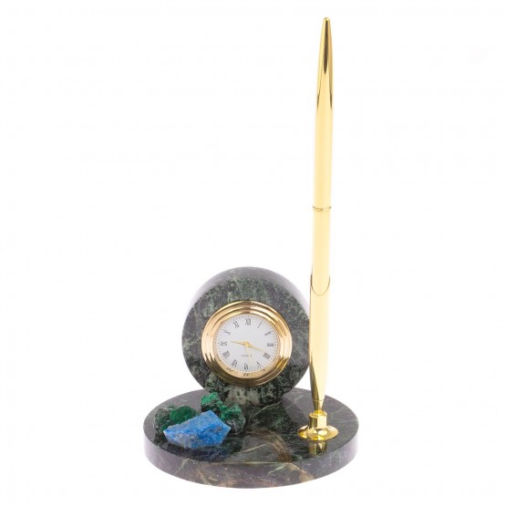 Настольные часы с шариковой металлической ручкой камень малахит, лазурит, змеевик
