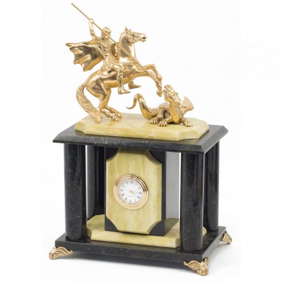 Часы из натурального камня с бронзой "Святой Георгий" - оригинальный подарок госслужащему