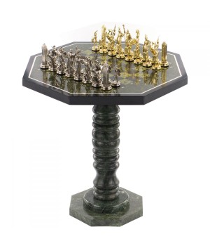 Шахматный стол "Греческая мифология" камень змеевик фигуры металлические 119432