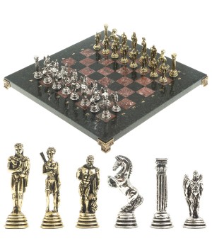 Шахматы с металлическими фигурами "Икар" доска 32х32 см из камня креноид змеевик