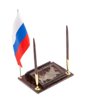 Офисный набор визитница "Карта РФ" из коричневого обсидиана / Настольная подставка для визиток с 2 ручками