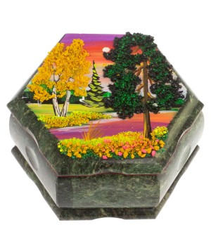 Шкатулка шестигранная с рисунком "Осенний пейзаж" 14х12,5х7 см змеевик / шкатулка для ювелирных украшений / для хранения бижутерии / шкатулка из камня