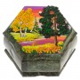 Шкатулка шестигранная с рисунком "Осенний пейзаж" 14х12,5х7 см змеевик / шкатулка для ювелирных украшений / для хранения бижутерии / шкатулка из камня