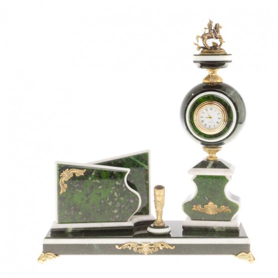 Письменный набор с визитницей "Георгий Победоносец" камень змеевик зеленый