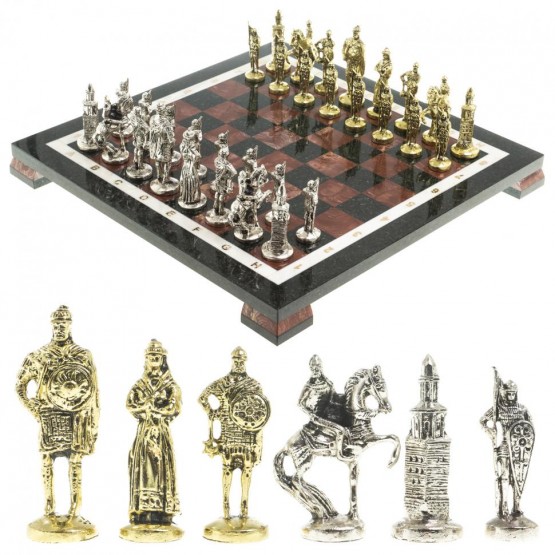 Шахматы настольные "Русские витязи" доска 40х40 см камень лемезит каменные ножки фигуры металлические