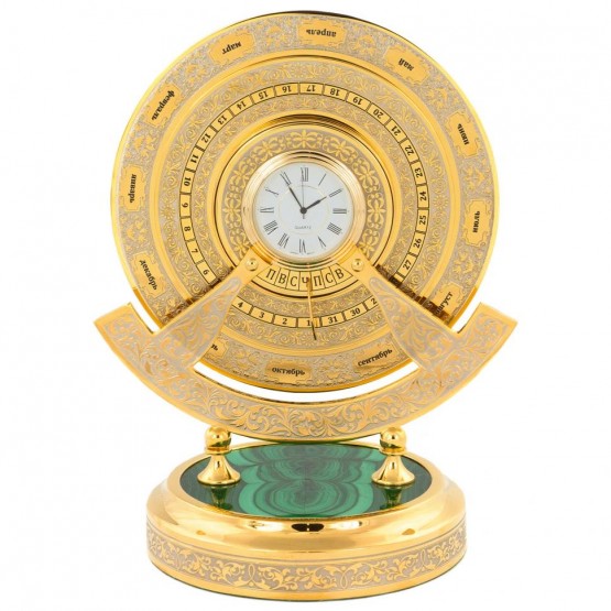 Интерьерные часы "Вечный календарь" камень малахит в подарочной коробке Златоустовская гравюра