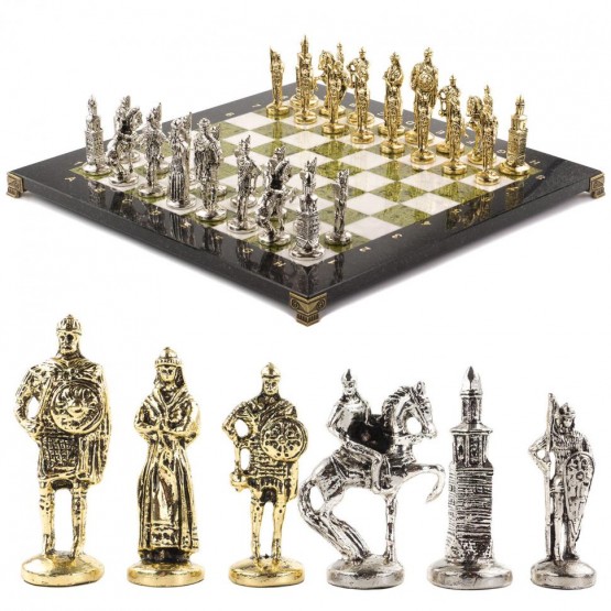 Шахматы из камня с металлическими фигурами "Русь" доска 40х40 см мрамор и змеевик 120699