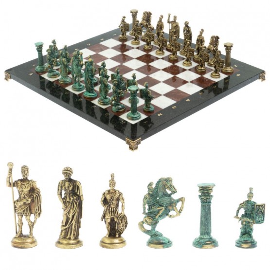 Шахматы "Римские войны" фигуры бронза / патина 44х44 см лемезит мрамор 128380