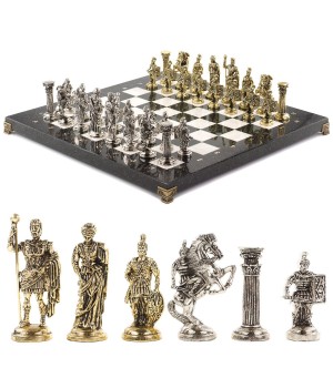 Шахматы с металлическими фигурами "Римские воины" доска 44х44 см из натурального мрамора