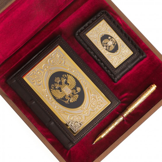 Подарочный набор "Держава" кожаный ежедневник А6, визитница и ручка с гравюрой Златоуст