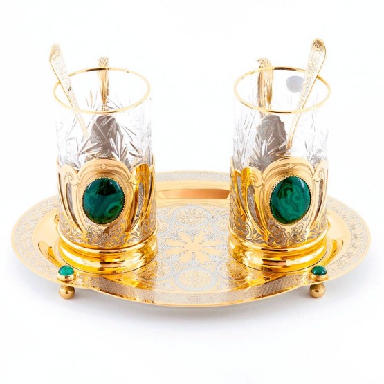 Подарочный чайный набор "Малахитовый" с двумя подстаканниками на подносе 116072